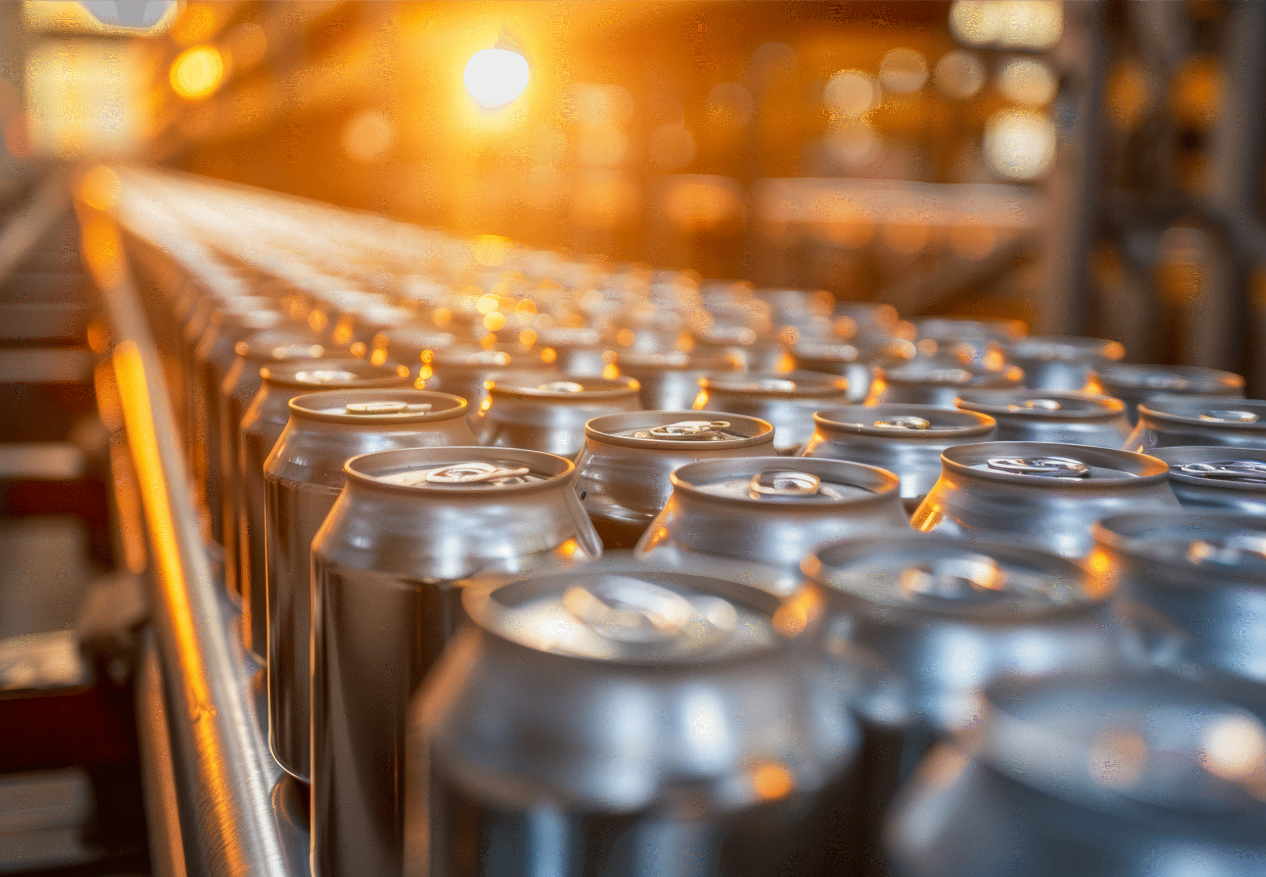 Reihe silberner Getränkedosen auf einem Förderband in einer Lebensmittel- oder Getränkeproduktion, beleuchtet von warmem Sonnenlicht im Hintergrund.
