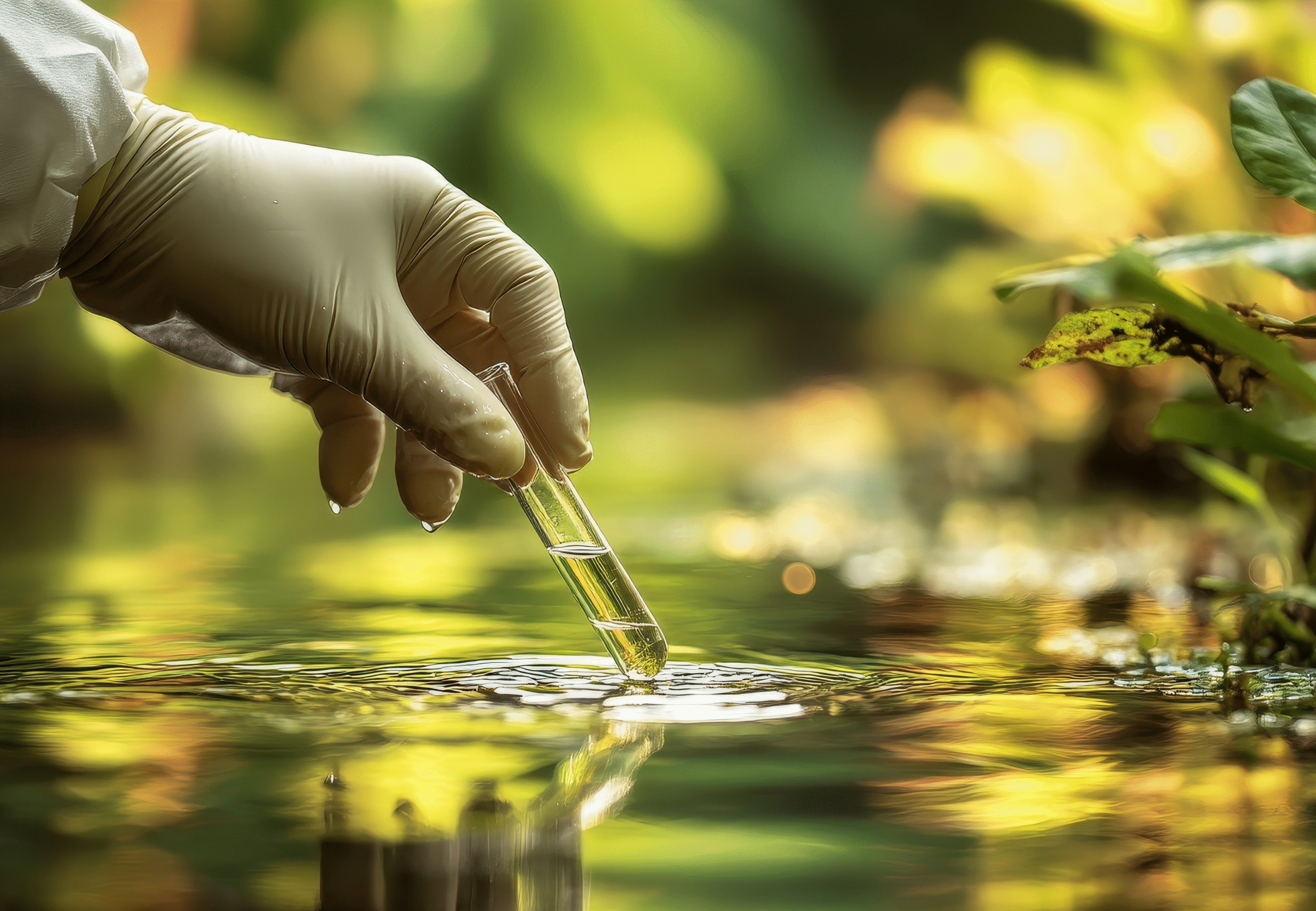 Mit Handschuhen geschützte Hand hält ein Reagenzglas ins Wasser, um eine Gewässerprobe in einer natürlichen, grünen Umgebung zu entnehmen.