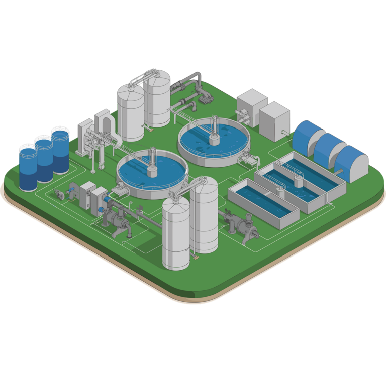 Schematische 3D-Illustration einer Kläranlage mit verschiedenen Reinigungsstufen, darunter Vorbehandlung mit Rechen und Sandfang, Vorklärbecken, Belüftungsbecken, Nachklär- und Reinigungsbecken sowie der Auslauf des gereinigten Wassers.