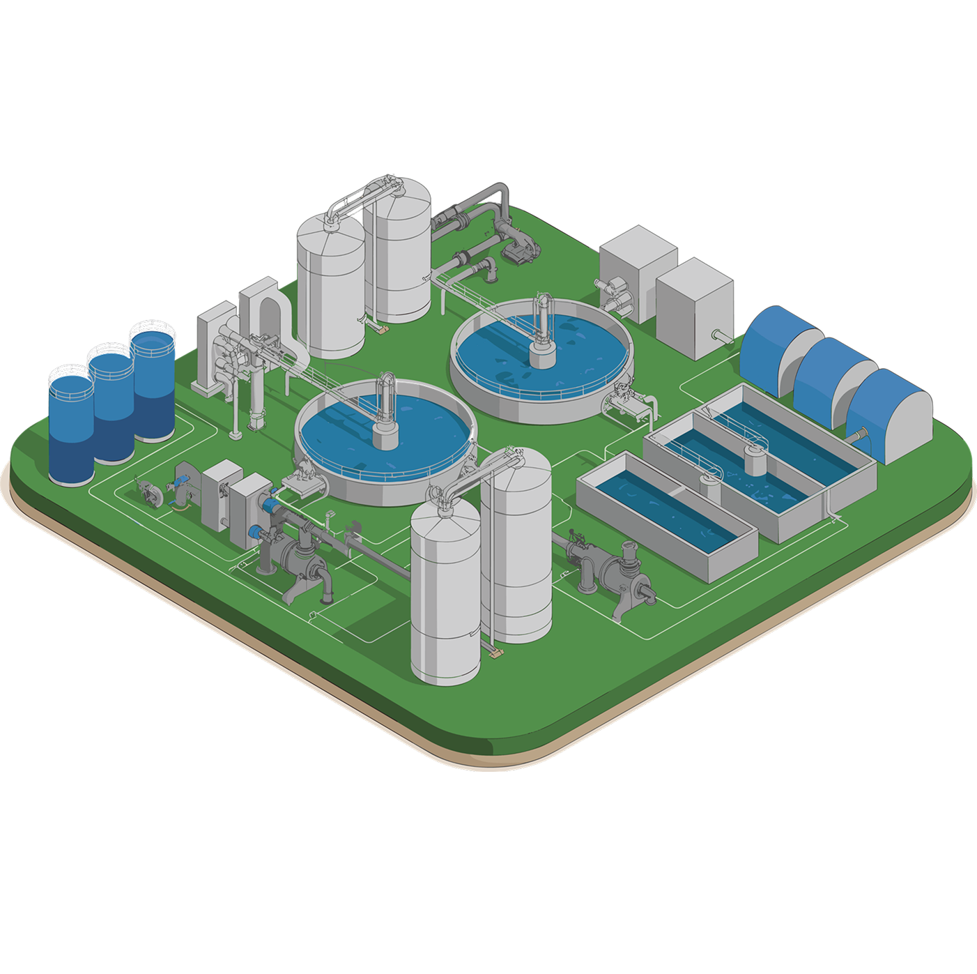 Schematische 3D-Illustration einer Kläranlage mit verschiedenen Reinigungsstufen, darunter Vorbehandlung mit Rechen und Sandfang, Vorklärbecken, Belüftungsbecken, Nachklär- und Reinigungsbecken sowie der Auslauf des gereinigten Wassers.